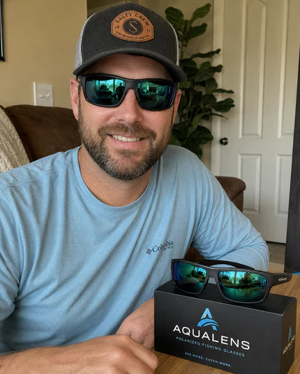 AquaLens customer with sunglasses and box